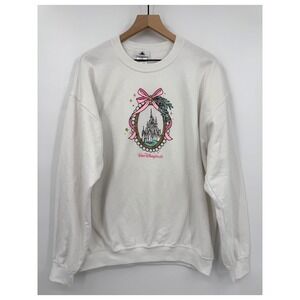 Disney World Sweater Womens Medium White Pink Bow Castle Preppy Cute Sweatshirt